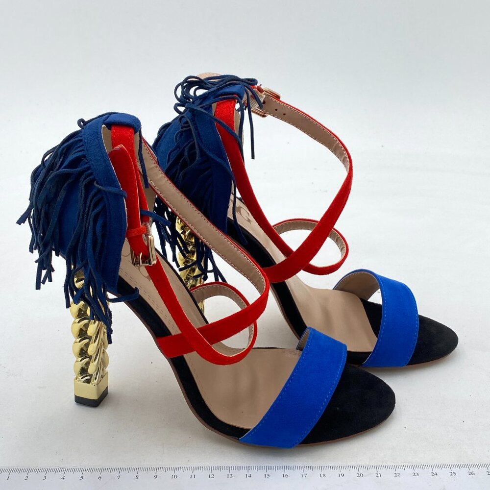 Red Cross Strap Tassels Open Toe Gold Metal Chain Chunky High Heels Dress Sandal